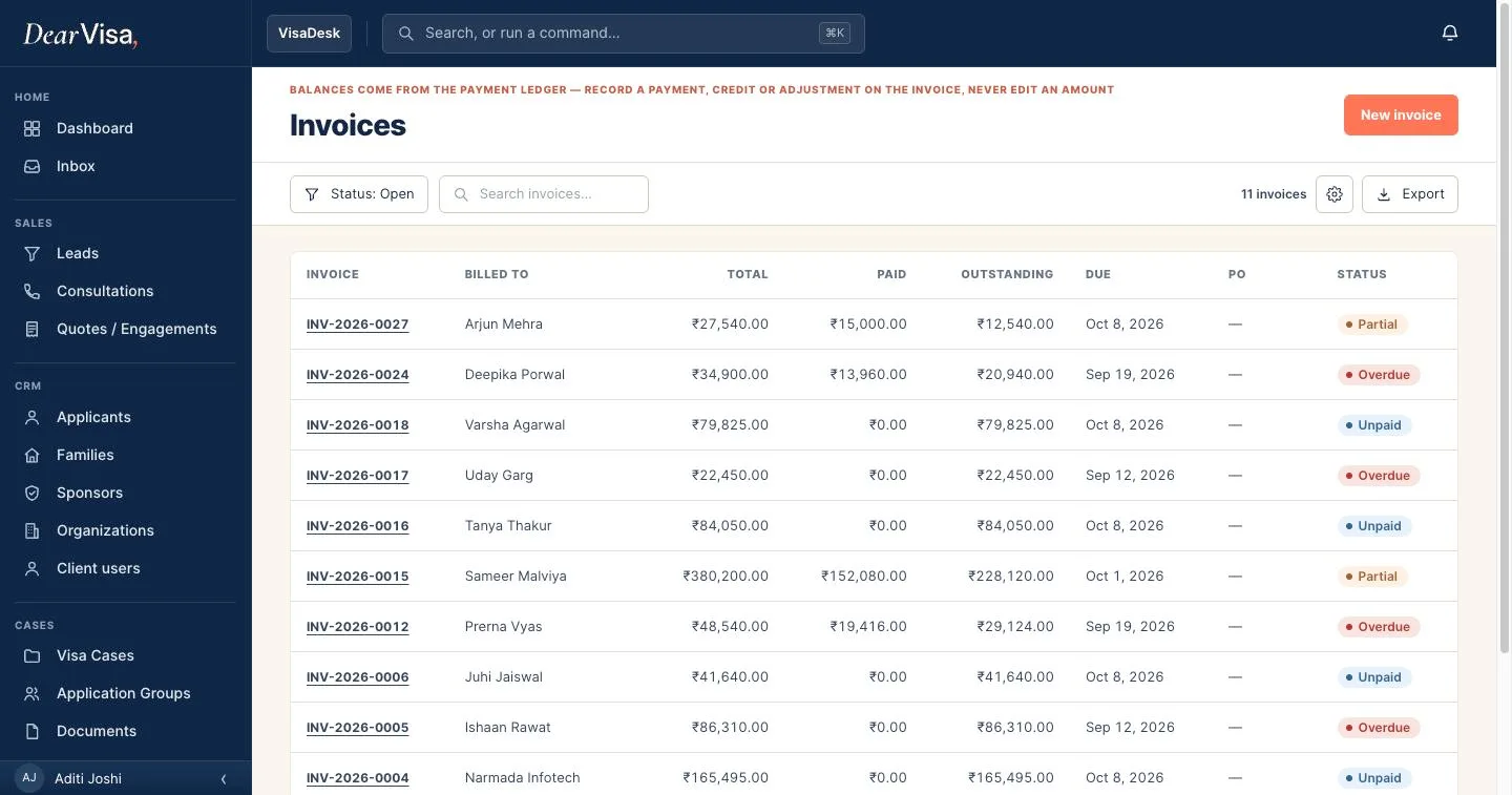 Invoice list with totals, paid and outstanding amounts in rupees
