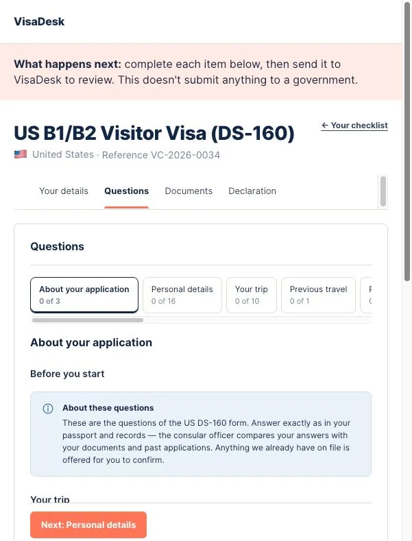 Client portal DS-160 questions by section